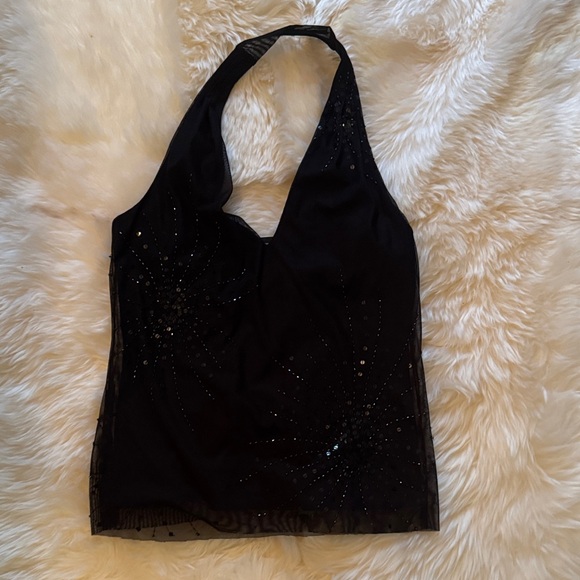 BCBGMaxAzria Tops - BCBG MaxAzria Black Halter Top w/ Mesh Overlay w/ Sequins & Beads